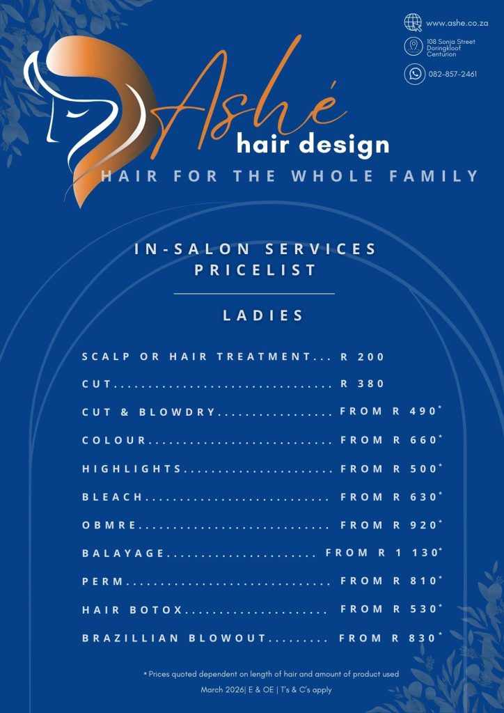 Ashe Hair Design 2026 ladies price list