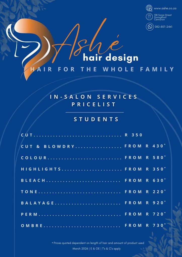 Ashe Hair Design 2026 students price list