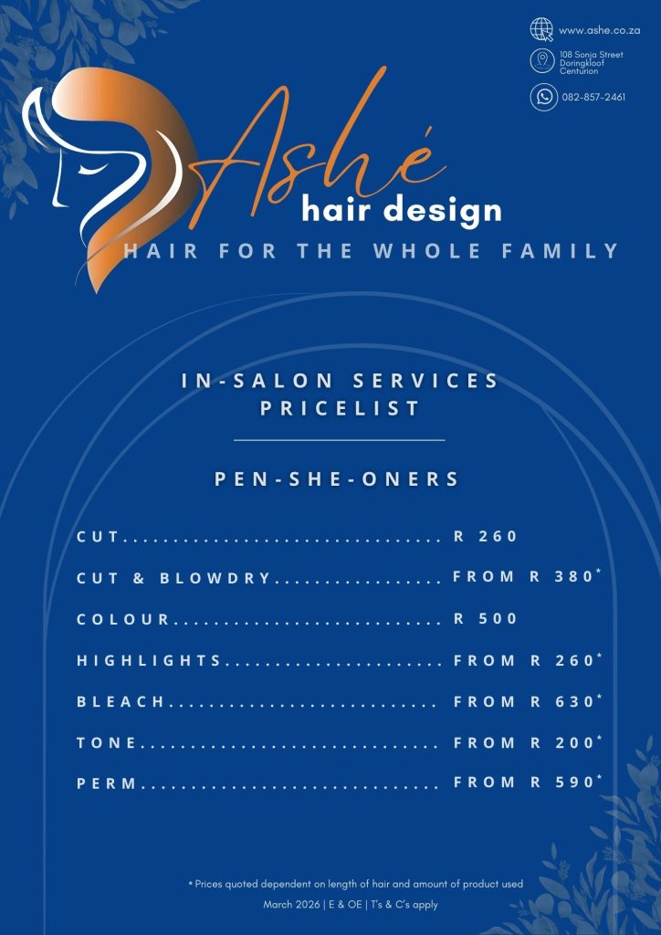 Ashe Hair Design 2026 pensioners ladies price list