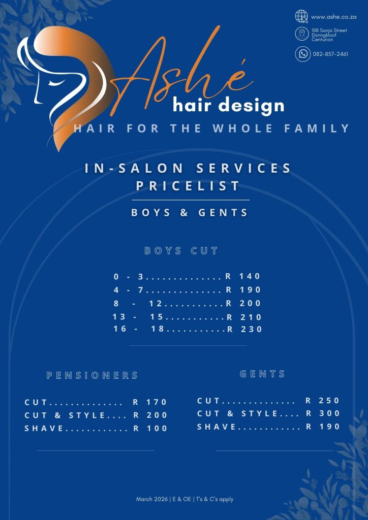 Ashe Hair Design 2026 boys and gents price list