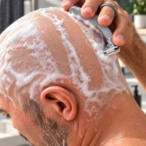 Man wet shaving his scalp with a finger-ring head shaving razor